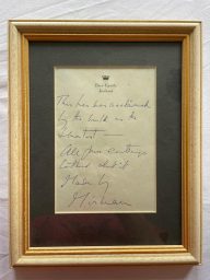 Anne's handwritten note accompanying her hat that she wore to the wedding of her son, Antony Armstrong-Jones and Princess Margaret